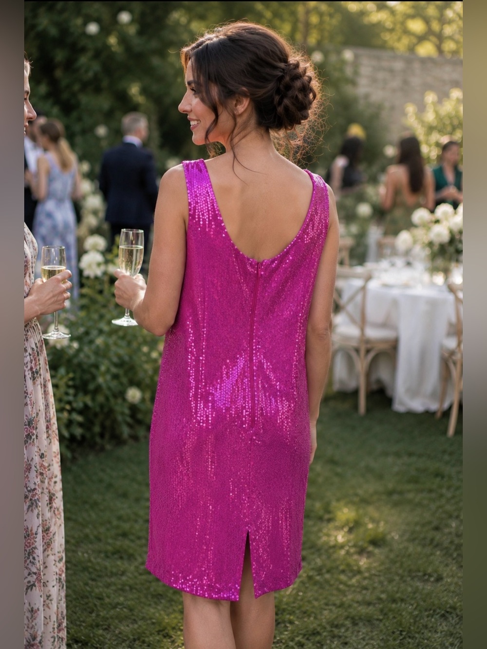 Vintage Electric Pink Silk Sequin Cocktail Dress • 80s Glam + Matching Purse